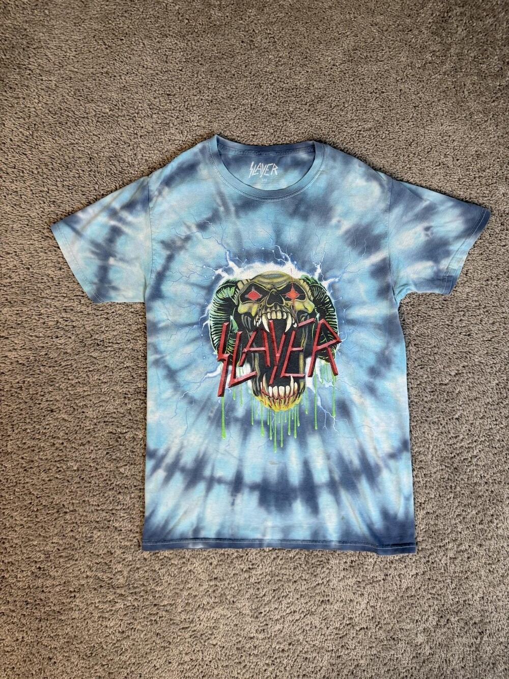 Slayer Shirt Mens S Blue Tie Dye Graphic Crew Neck Cotton Jersey Classic Fit